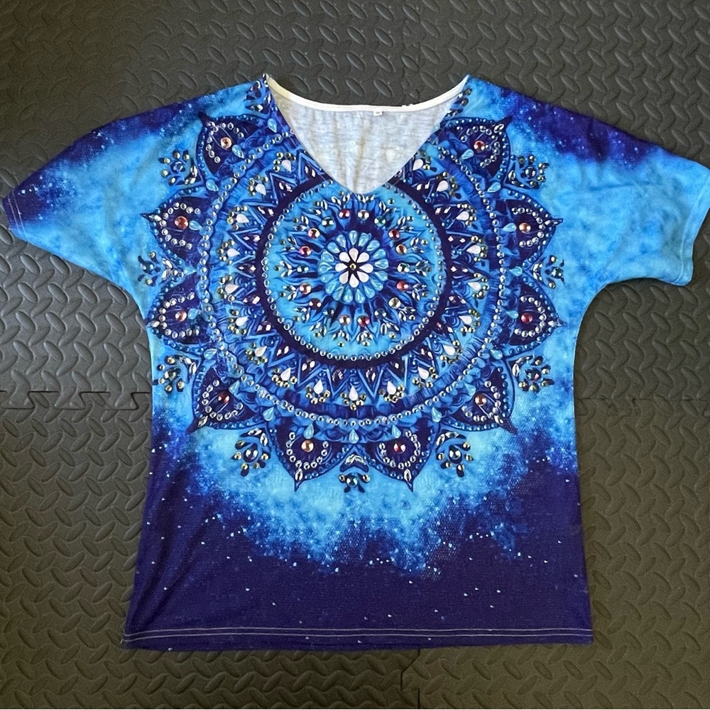 Boho Festival Bohemian Shirt Sleeve Shirt Blue Sz L